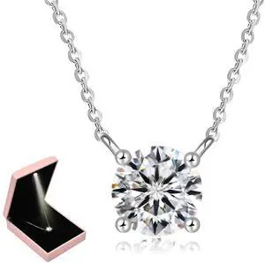 Moissanite Necklace for Women (1-3Ct)  Round Solitaire Pendant on 18K White Gold-Plated Sterling Silver Chain, 16+1+1 Adjustable  Elegant Prom/Gift for Her