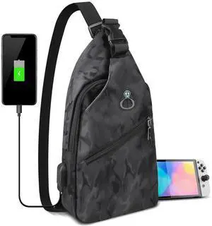 Abourt Sling Crossbody Backpack for Nintendo Switch/2/Lite/OLED, Portable Waterproof Shoulder Chest Carrying Travel Bag for NS Console Dock Joy-Cons & Accessories Storage for Men, USB Charging Port