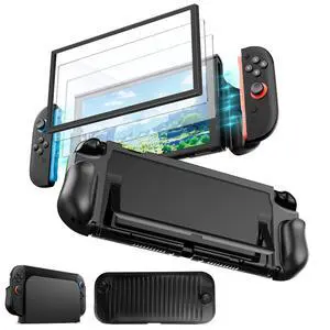 Abourt 4 in 1 Dockable Switch 2 Grip Case, TPU Protective Case for Nintendo Switch 2, Ergonomic Grip Cover with PC Front Cover, 2PCS Screen Protector with Alignment Frame, Shockproof & Anti-Scratch