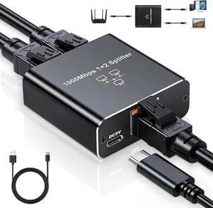 C&N Gigabit Ethernet Splitter 1 to 2 - Network Internet Splitter Adapter with USB Power Cable, RJ45 1000Mbps High Speed for Cat 5/5e/6/7/8 Cable [2 Devices Networked Simultaneously]