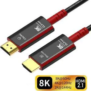 16ft 8K Fiber Optic HDMI 2.1 Certified Cable, 48Gbps 8K@60HZ 4K@120Hz High Speed Cord, Rated CL3, eARC/HDCP 2.3, for Samsung Sony TV, PS5, Xbox, Roku, Steam Deck, (Black+Red)