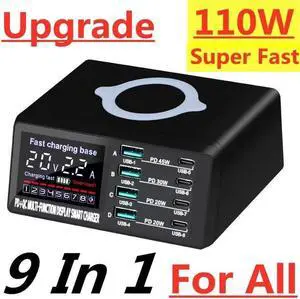 110W 8-Port USB Charging Station for Multiple Devices, 4 USB C & QC 4 USB A and Wireless Charging, USB C Fast Charging Dock Compatible with MacBook Phones iPad Kindle Tablets