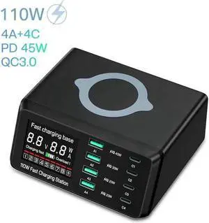 110W USB C Charger 8 Ports Fast Charging Station with Wireless Charging Charger Desktop Adapter Support PD3.0 /PPS 45W /QC5 for MacBook,HP,Dell Laptops,Tablets,Phones etc