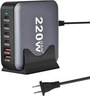 6-Prots USB C Charger 220W Portable Charger USB Type-C Charger Compact GaN III Fast Charger USB C Fast Charging Block for MacBook Pro/Air, iPad Pro, iPhone 16 15 14 Pro