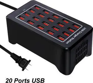 20 Ports USB Charging Station with Intelligent Protection, 100W Multi-Port USB Charging Station Organizer for Hotels, Schools, Shops, Shopping malls and Travel - Black