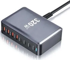 8-Prots USB C 320W Fast Charger QC3.0 USB PD3.1 Muti Ports GaN III Charger Mobile Phone Quick Charging Type C Charging Station Hub for iPhone Samsung