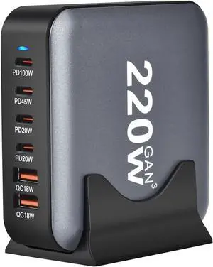 220W GaN III Fast Charger 6-Port USB Type C Phone Charger Quick Charge 3.0 Power Adapter, GaN Tech Laptop USB C Power Adapter Block For iPhone 16 15 14 13 Samsung Desk Charger