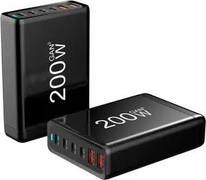 200W GaN Fast Charger 6-Port USB Type C Phone Charger Quick Charge 3.0 Power Adapter For iPhone 15 14 13 Xiaomi Samsung Desk Charger - Black