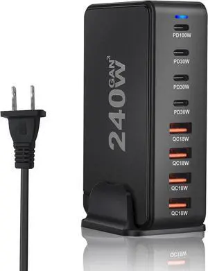 240W GaN Fast Charger 8 Port USB Type C Phone Charger Quick Charge 3.0 Power Adapter For iPhone 15 14 13 Xiaomi Samsung Desk Charger - Black