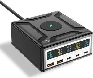 260W 5-Port GaN USB Charging Station for Multiple Devices, 3 USB C & QC 2 USB A and Wireless Charging, USB C Fast Charging Dock Compatible with MacBook Phones iPad Kindle Tablets