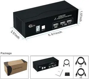 CKLau 2 Port Displayport KVM Switch Dual Monitor 4K60Hz 2K144Hz with Cables, USB 2.0 Hub, Digital Display for 2 Computers Sharing Keyboard Mouse Video