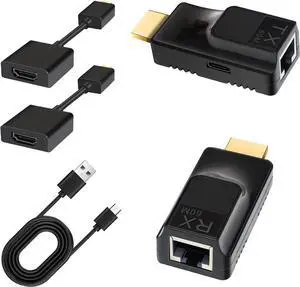 HDMI Extender Over Cat5e/Cat6 Ethernet Signal Transmission 60M/196ft with 1080P@60Hz RJ45 to HDMI Converter with 5V Power Adapter&HDMI Extension Cable