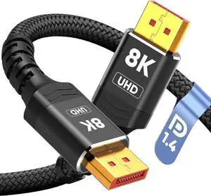 8K 4K DisplayPort Cable 1.4 10FT DP Cord ( Certified 8K@60Hz 4K@144Hz 2K@240Hz/165Hz) 32.4Gbps High Speed Display Port Cable for Gaming Monitor HDR/FreeSync/G-Sync Braided Black