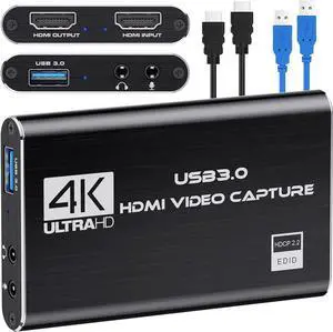 Audio Video Capture Card 4K HDMI USB 3.0 Capture Adapter Video Converter 1080P 60fps Portable Capture Device for Video Game Recording Live Streaming Broadcasting Support PS4 Xbox One Camera