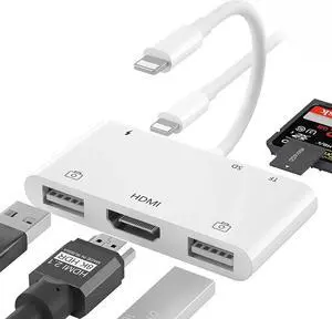 Lightning to HDMI Adapter for iPhone 6 in 1 TF & SD Card Reader with Charging Port HDMI Adapter to TV /Monitor/Projector/USB Drive/MIDI /Keyboard/Mouse Suitable for Meeting Speech and Teaching
