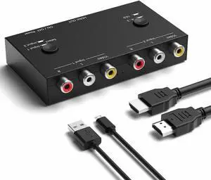 2 RCA to HDMI, 1080P 2 Way RCA Composite CVBS AV Switch to HDMI Video Audio Converter Adapter Supporting 4:3/16:9, for PC Laptop Xbox PS2 PS3 N64 NGC SNES WII VHS VCR Camera DVD