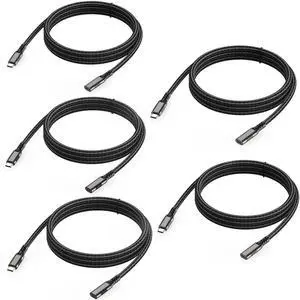 USB C Extension Cable 3.3FT 5-Pack, Type-C Male to Female Cord, [USB 3.2 Gen2/10Gbps] 100W/5A Fast Charging 4K@60Hz Video USB C Cable for Carplay MacBook,Laptop,Tablet,Mobile Phone and More