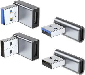 90 Degree USB to USB C Adapter 4 Pack Up and Down Angle Left and Right Angle Type C Female to A Male Converter Extender for PC Laptop USB A Charger Power Bank and More (Grey)