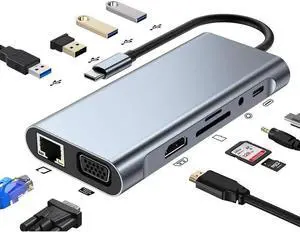 NA USB C Hub 11 in 1, USB C Laptop Docking Station C Adapter Compatible with MacBook and Windows Ethernet 4 USB Ports (Type C Device 3 USB2.0, 1 USB3.0, 1 HDMI, PD, SD+TF100W +VGA+Audio)