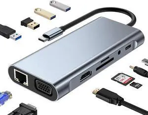 USB C Hub 11 in 1, USB C Docking Station,USB C Adapter 4K HDMI&1080P VGA, 100W Power Delivery, 3.5AUDIO,4 USB Ports, MicroSD/TF, Ethernet Docking Station for MacBook, Dell XPS, More Type C Devices