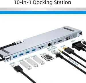 USB C HUB, 10-in-1 Adapter Docking Station with 4K HDMI,VGA,Type C,87W PD,5Gbps USB3.0,RJ45 Ethernet,SD/TF Card Reader,3.5mm AUX,Compatible with MacBook Pro/Air, Other Type C Latops Devices.