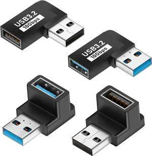 90 Degree USB 3.2 Adapter 4-Pack USB 90 Degree Adapter USB Angle Adapter Vertical Up and Down Angle Horizontal Left and Right Angle USB A Male to USB A Female Adapter Extender Connector 10Gbps