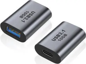 USB Female to USB C Female Adapter (2 Pack) 10Gbps USB 3.1 to Type-C Extension Coupler Converter Extender Connector Support Fast Charging for PC Laptop Charger Power Bank