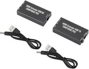 60M 1080p 3D HDMI-Compatible Extender Cat5e Cat 6 Ethernet Signal RJ45 Lan Converter HDMI-Compatible Transmitter Receiver TX RX(With USB power cable)