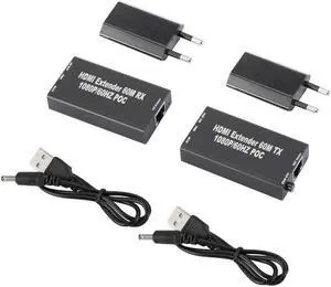 60M 1080p 3D HDMI-Compatible Extender Cat5e Cat 6 Ethernet Signal RJ45 Lan Converter HDMI-Compatible Transmitter Receiver TX RX(With Eu power supply)