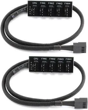 Endlesss PWM Fan Hub Splitter 4 Pin Black Sleeved 1 to 5 Way PC CPU Cooling Case Fan Splitter Hub Adapter Cable for Computer Cooler Case Fans 4-Pin & 3-Pin 14 Inches (2 Pack)