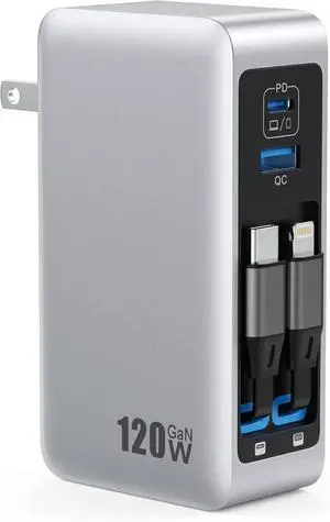 120W USB C Charger Block with 2 Built-in Retractable Cables, 4-in-1 GaN IV Foldable Plug Wall Charger Rapid Charging Station, PD 65W Laptop Adapter for Macbook/iPad, iPhone 16/15/14, Galaxy S24, Andro