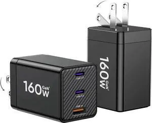 [2-Pack] USB C Charger Block 160W, 3-Port GaN Super Fast Charger, Dual 65W Type C Charging Blocks, Foldable QC3.0 Laptop Quick Charge Adapter for MacBook, iPhone, Samsung, Galaxy, iPad, Android, Black