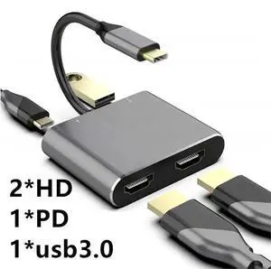 USB C Hub Adapter 4K 60hz to Dual HDMI-compatible Screen Expansion Type C Docking Station For Macbook Laptop Mobile Phone PCColor: Black (4 in 1 hd)