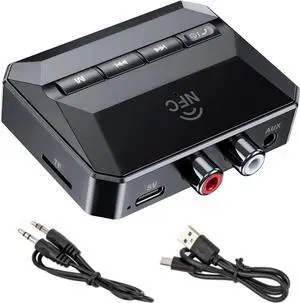 Home Stereo Bluetooth Receiver, NFC Bluetooth Audio Adapter RCA 3.5mm AUX with Display for Older Headphones/Speakers/Home Theater/Car with TF Card Output, Supports Hands Free Calling from USB Stick