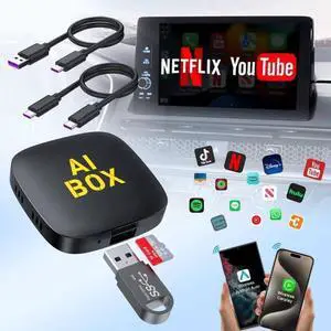 4-in-1 wireless CarPlay adapter supports Netflix/YouTube/TF card, Android Auto and Carplay adapter comes with USB-A and USB-C cables to convert wired to wireless Apple Dongle, iOS video box in-car pla