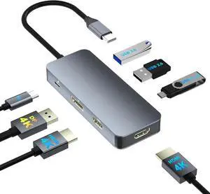 Docking Station Dual Monitor for Dell/HP/Mac, 7-in-1 Laptop Docking Station 3 Monitors with 2 HDMI 4K@60Hz/Displayport/3 USB/100W PD, Dual Monitor Adapter, Dual HDMI Adapter for 2 Monitors, USB C Hub