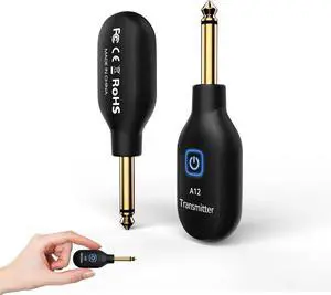 A12 Wireless Guitar Transmitter Receiver - 2.4GHz System, 24-bit 48KHz Audio, 100-Foot Range, No Latency, Rechargeable, Easy Pairing of Electric Guitar and Bass - Black