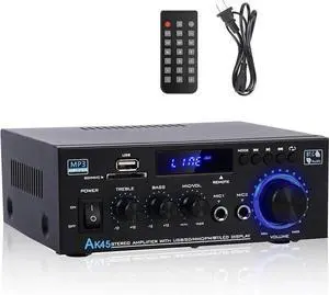 Stereo Home Audio Amplifier Receiver AK45,400W Bluetooth 5.0 HiFi Stereo Power Amplifier 2.0 Channel RMS 40W x 2 Home Audio System with Remote Amplifier W/MIC, USB, RCA, FM Radio