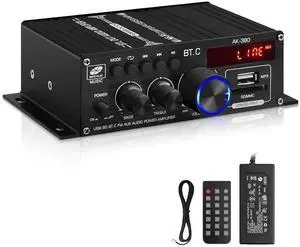 AK-380 USB SD BT.C FM AUX Audio Power Amplifier 400W + 400W 2.0 CH HiFi Stereo AMP Speakers Bluetooth 5.0 Amp Receiver with 12V 5A Power Supply, FM Antenna for Car Home Bar Party