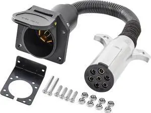 7-Pin Circular to 7-Pin RV Trailer Adapter with Mounting Bracket, 7-Pole Circular to 7 RV Blade Adapter, 14-Inch Length