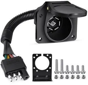 4-Way Flat to 7-Way Round Blade Trailer Adapter Harness 4-Pin to 7-Pin Electrical Connection Wiring Plug Connector with Mounting Bracket for RV Truck Factory Tow Package