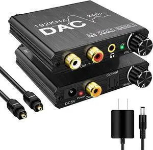 192KHz Digital to Analog Audio Converter with Bass and Volume Adjustment, Digital SPDIF/Optical/Toslink/Coaxial to Analog Stereo L/R RCA and 3.5mm Jack Converter for PS3 PS4 DVD, AppleTV Home Theater