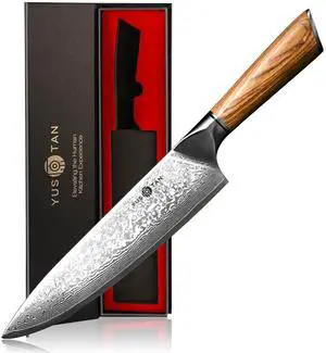 YUSOTAN Damascus Japanese Chef Knife 8 inch Cooking Knife Super Sharp Damascus kitchen Knife High Carbon Stainless Steel Meat Knife and BBQ Knife with Ergonomic Solid Wood HandleGift Box