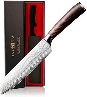 YUSOTAN Japanese Santoku Knife, Professional 7 Inch Chef knife, Vegetable Knife, Japanese High Carbon Stainless Steel Super Sharp Kitchen Knife and Ergonomic Solid Wood Handle with Gift Box