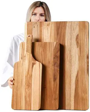 YUSOTAN Teak Wood Cutting Board Set of 3 for Kitchen, Thick Chopping Board, Large Wooden Cutting Board Set, Wooden Trays for Turkeys, Meat, Fruit and Cheese