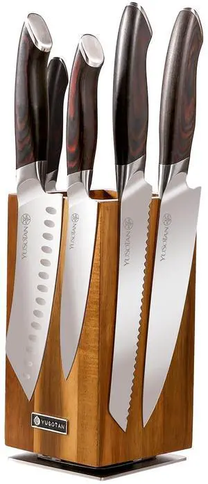 YUSOTAN 5-Piece Knife Set with 360° Rotatable Magnetic Knife Holder, Kitchen Knife Set - Wooden Magnetic Knife Holder Suitable for Thanksgivin Father's Day Gift Giving Holiday Gift Giving