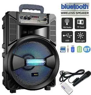 8'' Wireless Bluetooth Speaker USB FM Radio Portable Subwoofer System Remote Mic
