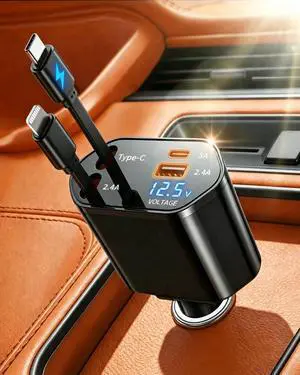 MimAuto 4 in 1 Retractable Car Charger, USB C Fast Charging Adapter, Black MimAuto 4 in 1 Retractable Car Charger, USB C Fast Charging Adapter, Black