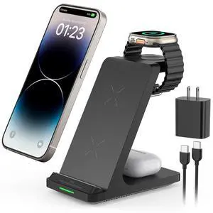 Wireless Charging Station, 3 in 1 Fast Wireless Charger Stand for Multiple Devices Apple Watch Ultra Series 11 10 9 8 7 6 SE 5 4 3 2, iPhone 17 16 15 14 13 12 11 Pro Max/Plus/Air/X/XS/XR/SE, Airpods Wireless Charging Station, 3 in 1 Fast Wireless Charger Stand for Multiple Devices Apple Watch Ultra Series 11 10 9 8 7 6 SE 5 4 3 2, iPhone 17 16 15 14 13 12 11 Pro Max/Plus/Air/X/XS/XR/SE, Airpods