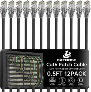 0.5 Foot Cat6 Patch Cables(12 Pack), Solid Pure Copper Patch Cord, Cat 6 Ethernet Cable, UTP Network, High Speed RJ45 Internet Cables, Compatible for Router, Switche, PC, Server, PS4/5, Xbox - Black 0.5 Foot Cat6 Patch Cables(12 Pack), Solid Pure Copper Patch Cord, Cat 6 Ethernet Cable, UTP Network, High Speed RJ45 Internet Cables, Compatible for Router, Switche, PC, Server, PS4/5, Xbox - Black